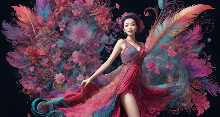 erjie, <lora:Threesister-erjiev2:0.2>,girl in a fluid and dynamic pose, wearing a loose, flowing pink dress, mysterious expression, curly black and pink hair, [Zhang Ziyi|Aishwarya Rai], in a modern and abstract setting, with bold and colorful abstract art...