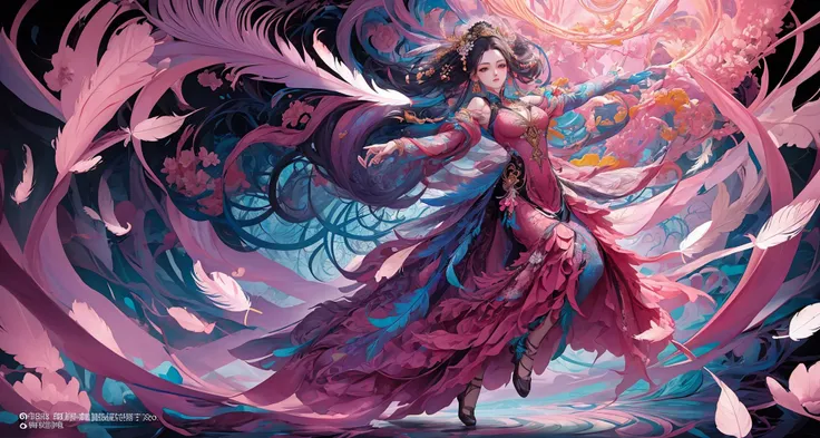 erjie, <lora:Threesister-erjiev2:0.2>,girl in a fluid and dynamic pose, wearing a loose, flowing pink dress, mysterious expression, curly black and pink hair, [Zhang Ziyi|Aishwarya Rai], in a modern and abstract setting, with bold and colorful abstract art...