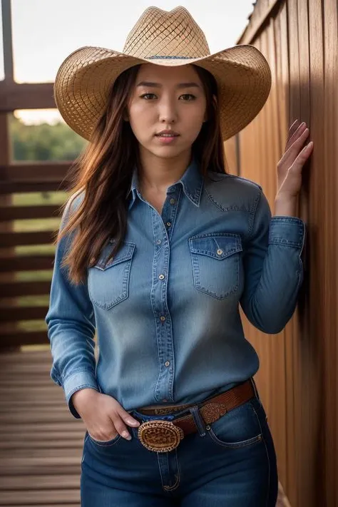 DEN_nanami_matsumoto,
(country beauty posing against a wooden fence with a plaid shirt and jeans and a cowboy hat, cow girl, country girl, cow girl:1.2),
bokeh, f1.4, 40mm, photorealistic, raw, 8k, textured skin, skin pores, intricate details  <lora:epi_no...