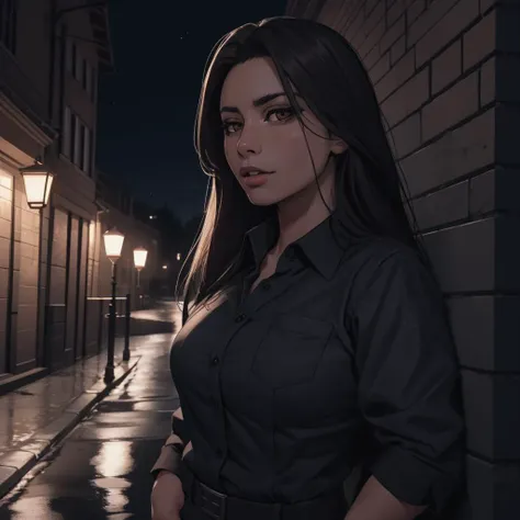 a woman standing in the rain in a dark alley