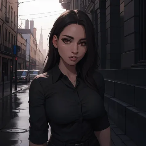 a woman in a black shirt and black pants standing on a street