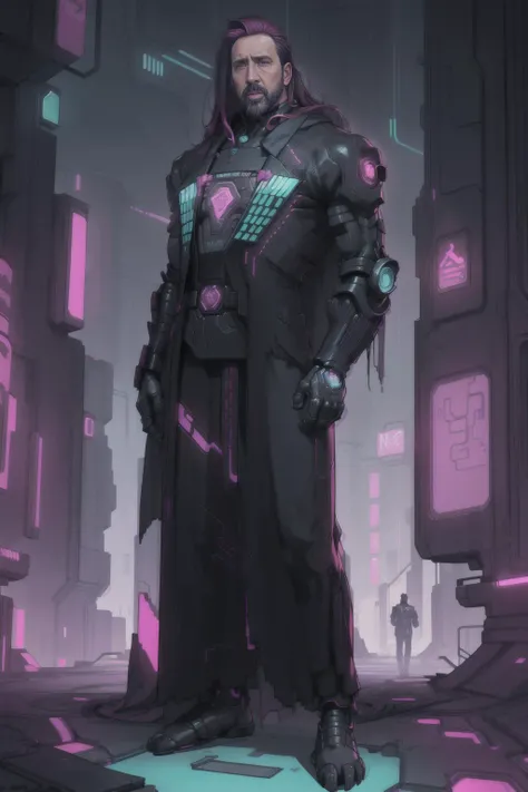 masterpiece, best quality, realistic, (1 man), (male), (nicolas cage:1)+, long hair, full body view, (slim tall male:1), black neon suit, (((cyberpunk))), scifi, futuristic, mechanical arms, front view, Maroon color cape, neon blue, purple, green, advntr, ...