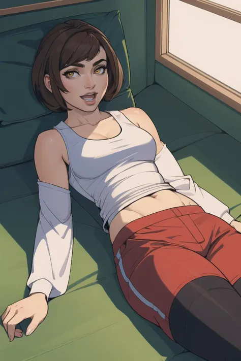 sexy woman in her 2 0 s, sitting on the floor, wearing kneesocks, wearing tanktop, light brown hair, in the style of ilya kuvshinov  izumi sai medium, long sleeves, looking at viewer, lying, military, military uniform, on back, open mouth, photoshop medium...