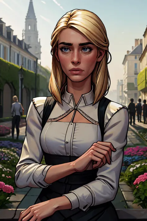 (high quality, best quality, highres, absurdres, sharp focus, masterpiece:1.2), (futuristic france, french:1), (1girl, woman, flustered face:1.1), (mason, wearing worn out clothes:1.1), (black_eyes:1), (blonde_hair, medium_hair, hair_up:1), (midweight body...