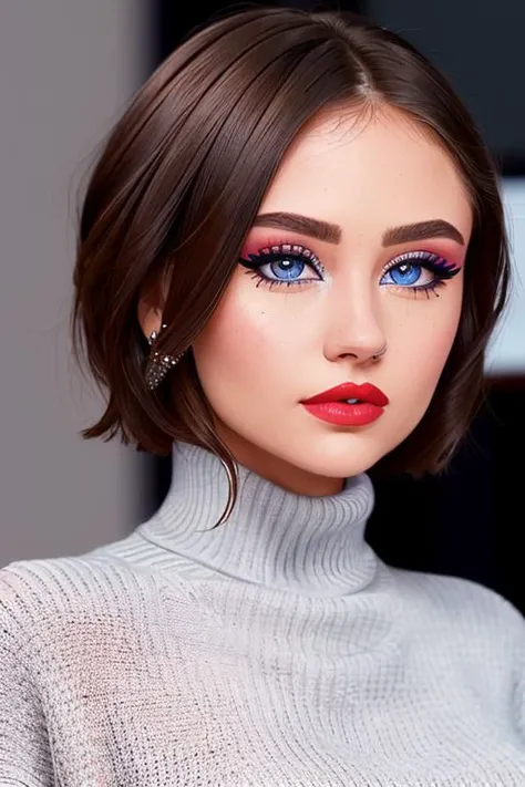 photo of <lora:leniklum-05:0.7>, leniklum, a woman, ((turtleneck sweater, short hair):1.1), ((closeup, portrait)), ((conference room)),((red lipstick,eyeliner, eye shadow, blush)), ((best quality, masterpiece, extreme details, high resolution):1.2),((detai...