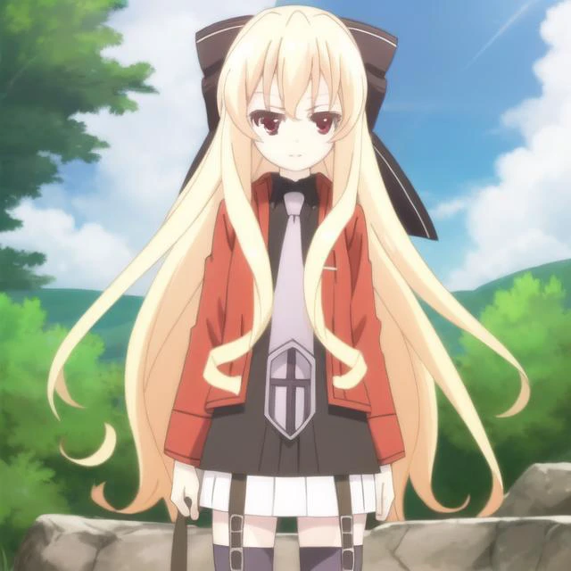 mondaiji-leticia, red jacket skirt thighhighs necktie, bow, blonde hair, long hair, hair between eyes, red eyes, full body, solo, 1girl, outdoors <lora:mondaiji-leticia:0.8>