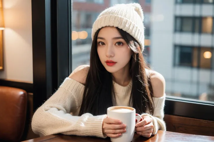 1 girl,solo,fine art photography,close up, black hair,Sitting at a table in a coffee shop,(Looking out of the window:1.2), A beige sweater, realistic,Long straight hair,A hat made of wool,indoor,bare shoulders,red lips,coffee cup, coffee,Volume lighting,Li...