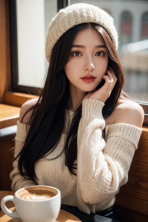 1 girl,solo,fine art photography,close up, black hair,Sitting at a table in a coffee shop,(Looking out of the window:1.2), A beige sweater, realistic,Long straight hair,A hat made of wool,indoor,bare shoulders,red lips,coffee cup, coffee,Volume lighting,Li...