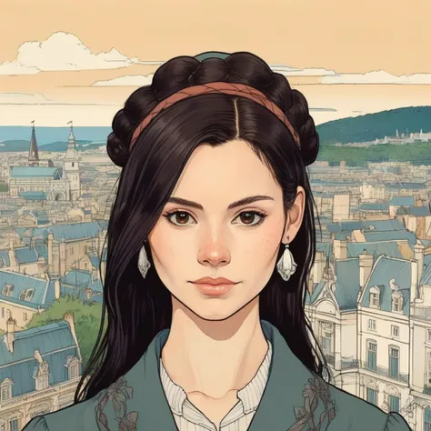 Studio ghibli style illustration of the face of a woman looking at the viewer with a victorian city square in the background,  ,elxpowell,  <lora:elpowell_juggerX_xl_1_standard_wocap-elxpowell-000092:1>