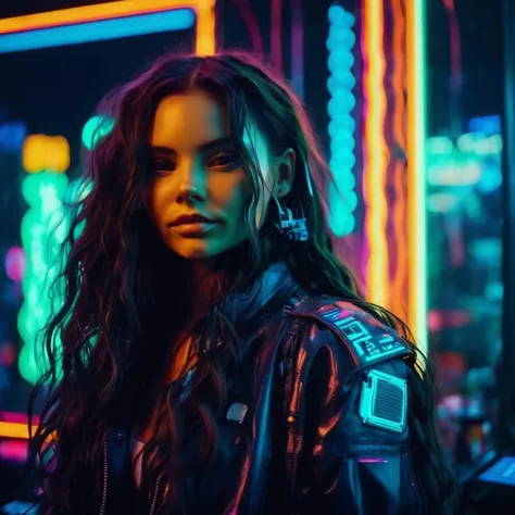 Photo of a woman with long wavy hair,portrait,kodachrome, neon,cyberpunk, ,elxpowell,  <lora:elpowell_juggerX_xl_1_standard_wocap-elxpowell-000092:1>