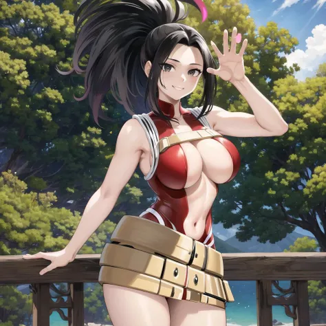 Overdetailed,detailed body,oiled body,detailed backgound,detailed eyes,extremly detailed face,extremly detailed body,overdetailed picture,4k,8k,masterpiece, best quality, highres, 1girl, yaoyorozu momo,black hair, ponytail, hair pulled back, black eyes,hea...