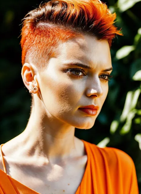 analog style, modelshoot style, portrait of sks woman by Flora Borsi, style by Flora Borsi, bold, bright colours, orange Mohawk haircut, ((Flora Borsi)), <lora:locon_kendall_v1_from_v1_64_32:1.3>