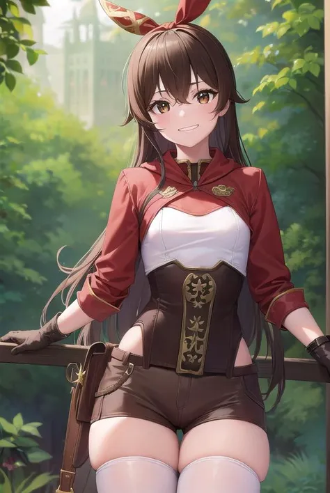 genshinamber, <lora:genshinamber-lora-nochekaiser:1>,
amber, brown hair, long hair, (brown eyes:1.5), hair between eyes, hair ribbon, ribbon, red ribbon, (small breasts:1.2), <lora:talkmouth_I_v100:1>, smile,
BREAK brown shorts, long sleeves, white thighhi...