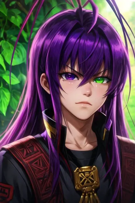 masterpiece, best quality, game cg, 1boy, solo, male focus, looking at viewer, , depth of field, <lora:tenma_unomiya:0.64>, tenma_unomiya, purple hair, purple eyes, green eyes, heterochromia, antenna hair, long hair, , aztec, High definition