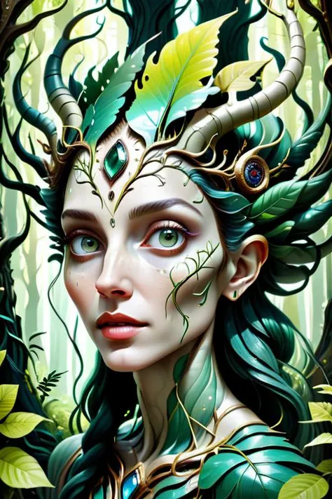 woman in a mythical forest, masterpiece, perfect face, intricate details, horror theme <lora:h4l0w3n5l0w5tyl3M3rg34ll:1> stygical, magical, biomimetic