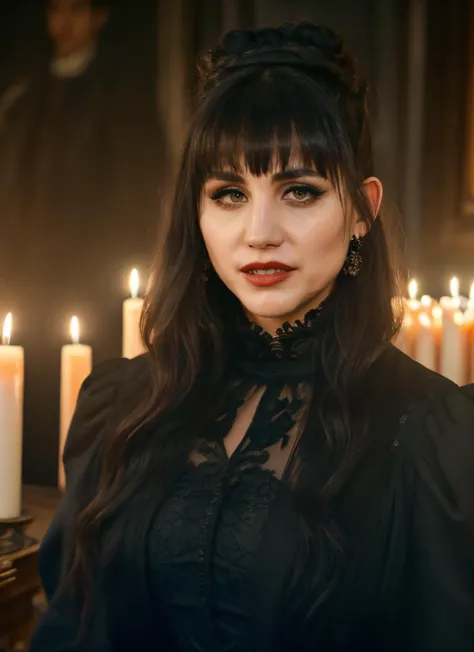 a woman with long black hair and a black dress standing in front of candles