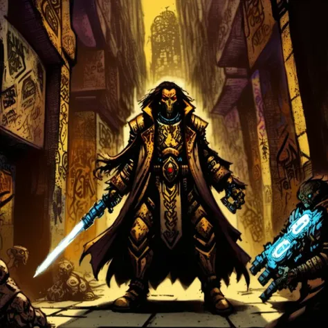 a nqstrman woman in armor holding a weapon stands in the shadowy underbelly of a hive city, his long coat billowing as he examines xenos artifacts hidden in a dimly lit alley. The grimy walls are covered in graffiti venerating forbidden gods, and his gaze ...