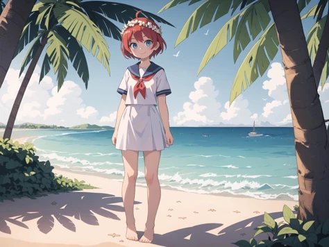 highres,best quality,masterpiece,illustration,wallpaper,panorama,(medium shot),close shot,dynamic angle,(outdoors),(1girl),(clear girl focus:1.2),solo,young,standing,(full body:1.2),smile,looking at viewer,blue eyes,(red hair),head wreath,ahoge, short hair...