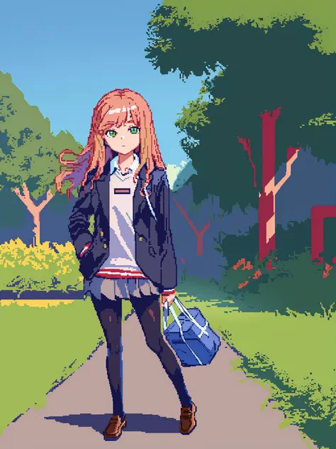 anime girl with red hair and blue jacket walking down a path