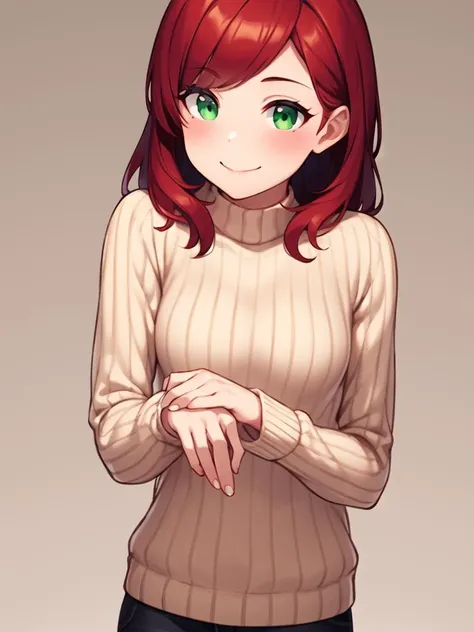 a cartoon girl with red hair and green eyes standing in front of a wall