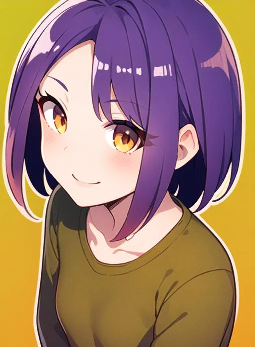 anime girl with purple hair and yellow eyes looking at the camera