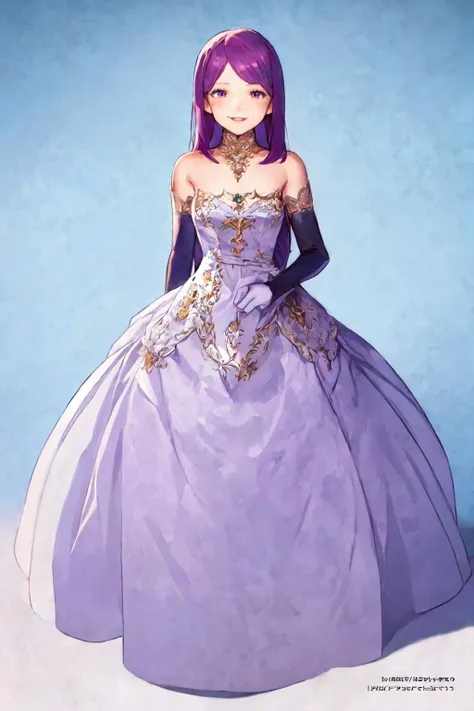 a drawing of a woman in a purple dress with purple hair