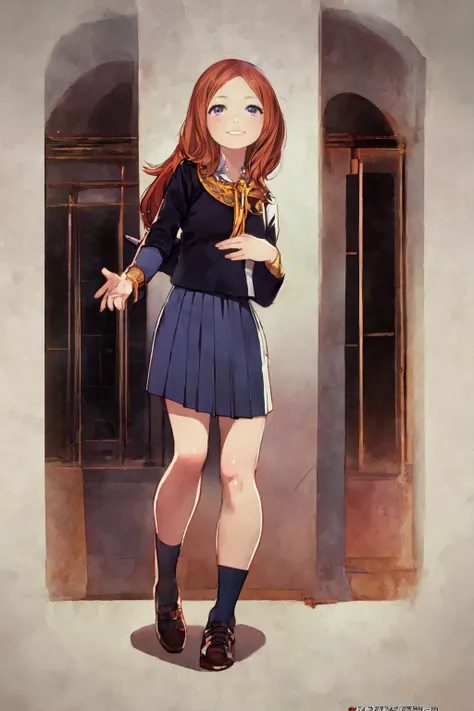 a cartoon picture of a woman in a school uniform standing in front of a window