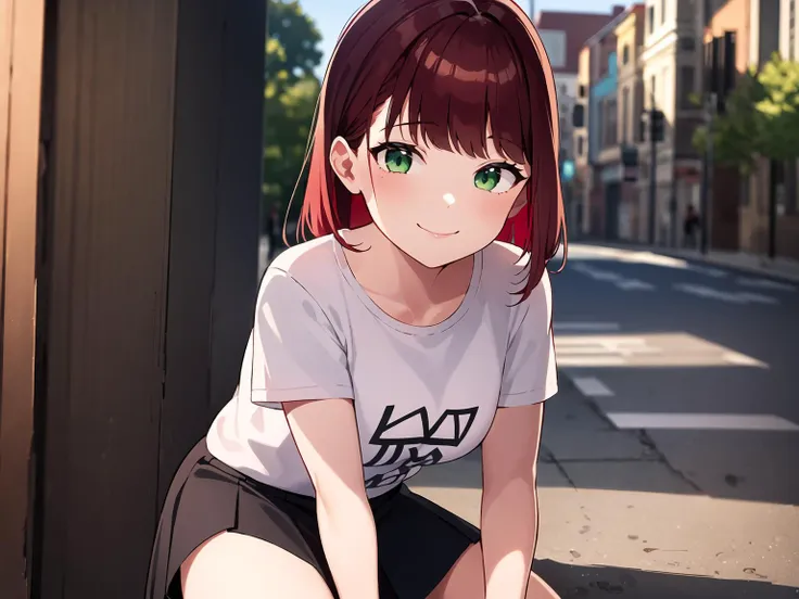 anime girl sitting on the ground in a city street