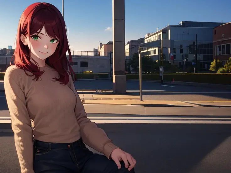 anime girl sitting on a bench in the middle of a city