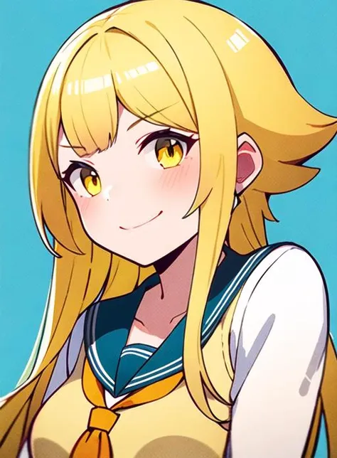 anime girl with long blonde hair and yellow eyes wearing a sailor outfit