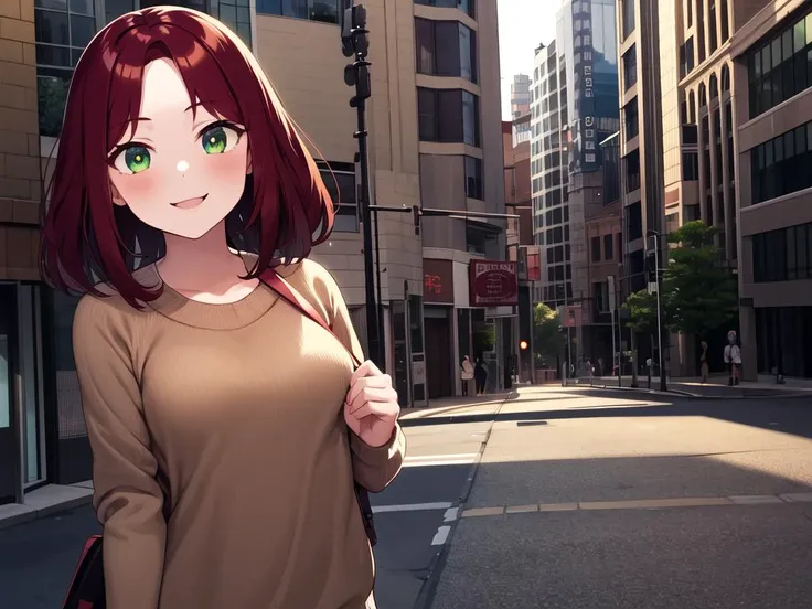 anime girl with red hair and green eyes walking down a city street