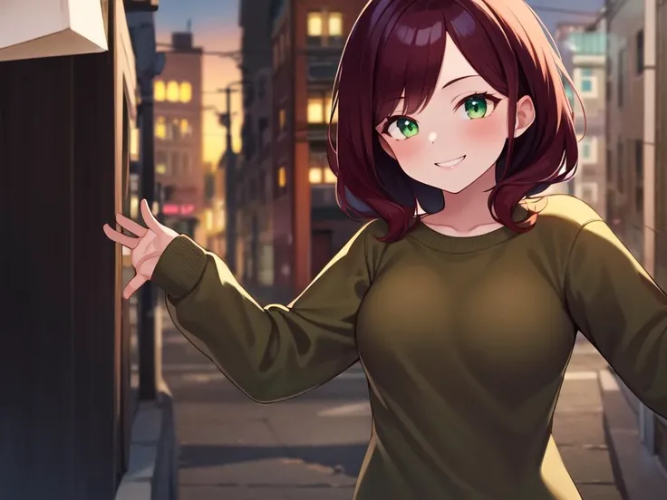 anime girl in green dress standing on sidewalk in city