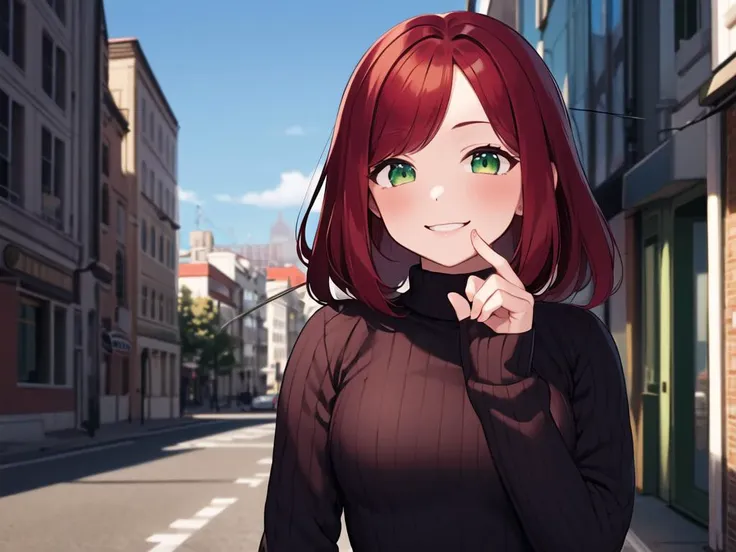 anime girl with red hair and green eyes posing in a street