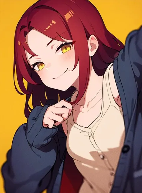 anime girl with red hair and yellow eyes holding a knife