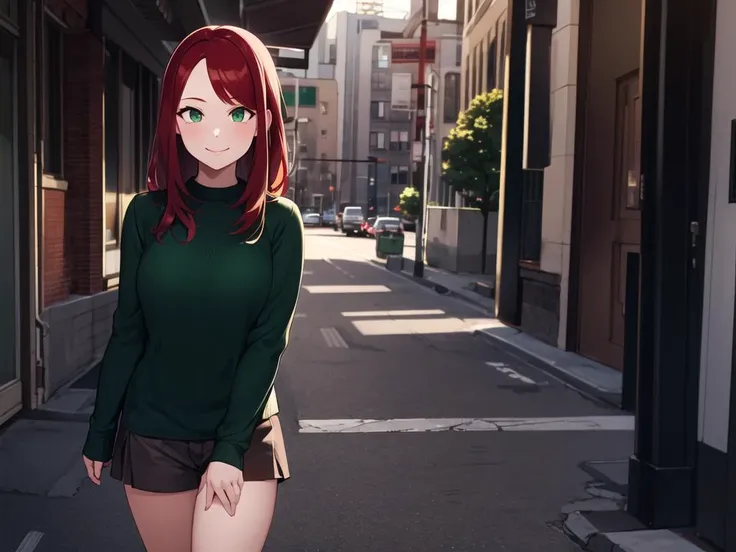 anime girl in green shirt and black shorts standing on a city street