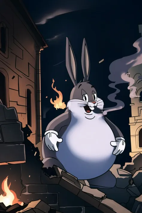 cartoon of a rabbit standing in front of a building with a fire