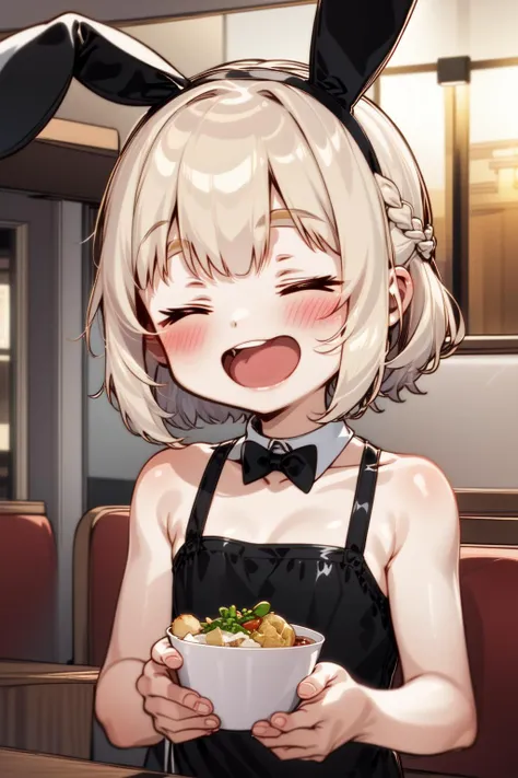 1girl, solo, dog ears, (almost closed eyes:1.27628),, pale blonde hair, french braid, upper body, black bunny girl, restaurant