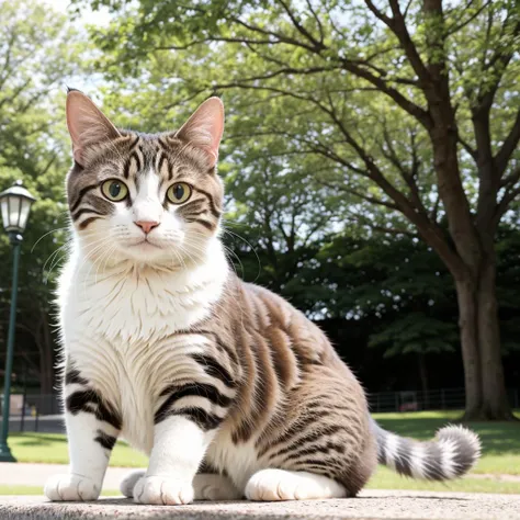 raw photo, absurdres, high quality, photorealistic, 
a portrait of a cat, looking at viewer,
outdoors, park, sunlight, photo bac...