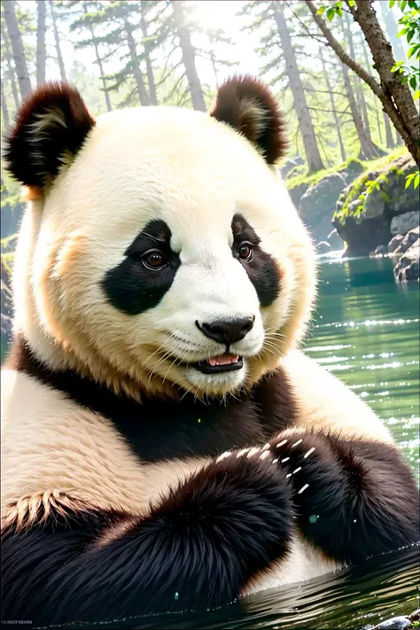 (comfyui)
raw photo, absurdres, high quality, realistic, a portrait of a panda, looking at viewer, beautiful scenery nature, lak...