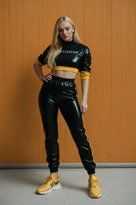 stunning authentic street fashion muted color analog photo, (sfw:1.2) blonde S0ph13Turn3r_HM-135 as a furious party girl, (street fashion vulgar tracksuit and sneakers), in front of a simple (yellow abstract wallpaper background), cute heroic pose, (from b...