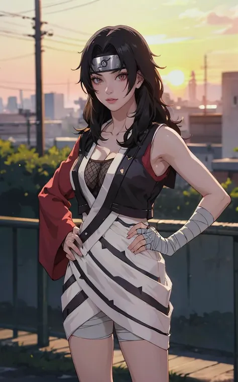 outdoors, lens flare, depth of field, bokeh, vanishing point, solo, looking at viewer,((masterpiece, best quality)), BREAK 
NinjaWhiteDress_KurenaiYuhi_ownwaifu,  
1girl, forehead protector, black hair, long hair, red eyes, makeup, lipstick, konohagakure s...