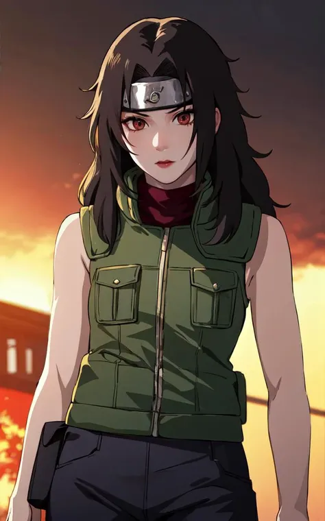 a woman in a green vest and black pants standing in front of a sunset