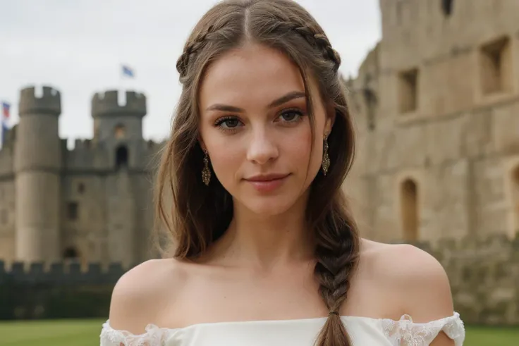 a sharp focus photo of a beautiful sexy young woman, very long braided hair, blond hair , perfect body, detailed skin texture, (slim), (highly detailed empire style see-through white silk dress), (perfect face, perfect eyes), (inside of her kingdom backgro...