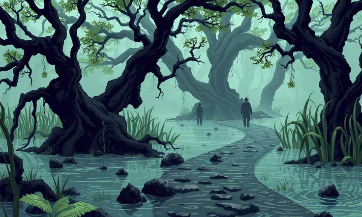 Glitchcore Art Style, retro game art pixel-art. In a medieval setting.
A swampy path winding through the mist, where twisted trees and thick reeds obscure the way. The ground is treacherous, and each step threatens to pull travelers into the murky waters. ...