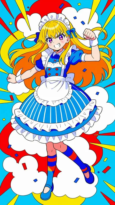 (1girl:1.3), (cute:1.2), (anime style:1.1), (simple background:1.2), (flat colors:1.2), (lineart:1.1), ((bright colors)), ((determined, confident smile)), blue sky, white clouds, confetti, (full body:1.1), (dynamic pose:1.1), (maid outfit), (striped clothe...