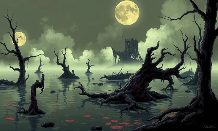 Glitchcore Art Style, retro game art pixel-art. In a medieval setting.
A desolate swamp, with mist rising from stagnant, dark waters. Broken tree trunks jut out of the murky depths, and twisted roots creep along the shoreline. In the distance, the skeletal...