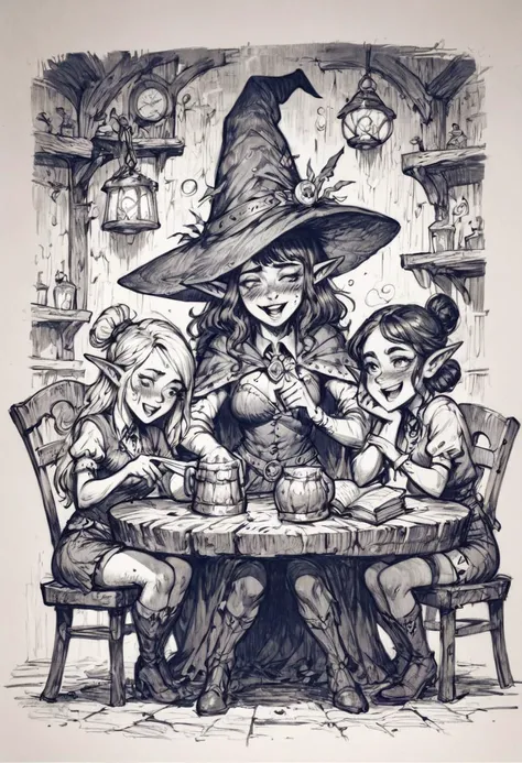 score_9, score_8_up, score_7_up, score_6_up, score_5_up, score_4_up, <lora:GraphiteSketch:0.6>, gr4ph1t3, monochrome, 3girls, fantasy characters, witch, witch hat, mage, sorceress, elf, pokies, <lora:Fant5yP0ny:0.7>, bangs, fringe, adult, drunk, inebriated...