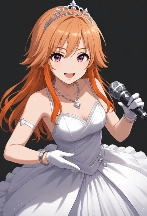 (masterpiece), best quality, expressive eyes, perfect face, ultra detailed, microphone, gloves, long hair, two-tone hair, open mouth, jewelry, smile, tiara, looking at viewer, necklace, white gloves, bare shoulders, dress, transparent background, holding m...