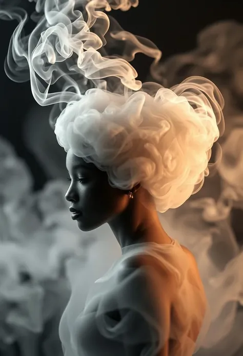 The image features a smoke-like representation of a beautiful African goddess, which appears to be a white and gray goddess. The smoke is billowing upwards, creating a visually striking and artistic effect. The smoke is so dense and well-formed that it res...