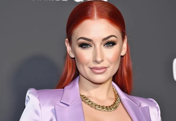 This photograph captures a young woman with a fair skin tone and a striking, vibrant red hair pulled back into a sleek ponytail. She has well-groomed eyebrows and long, voluminous eyelashes, accentuated by black mascara. Her makeup is subtle yet polished, ...